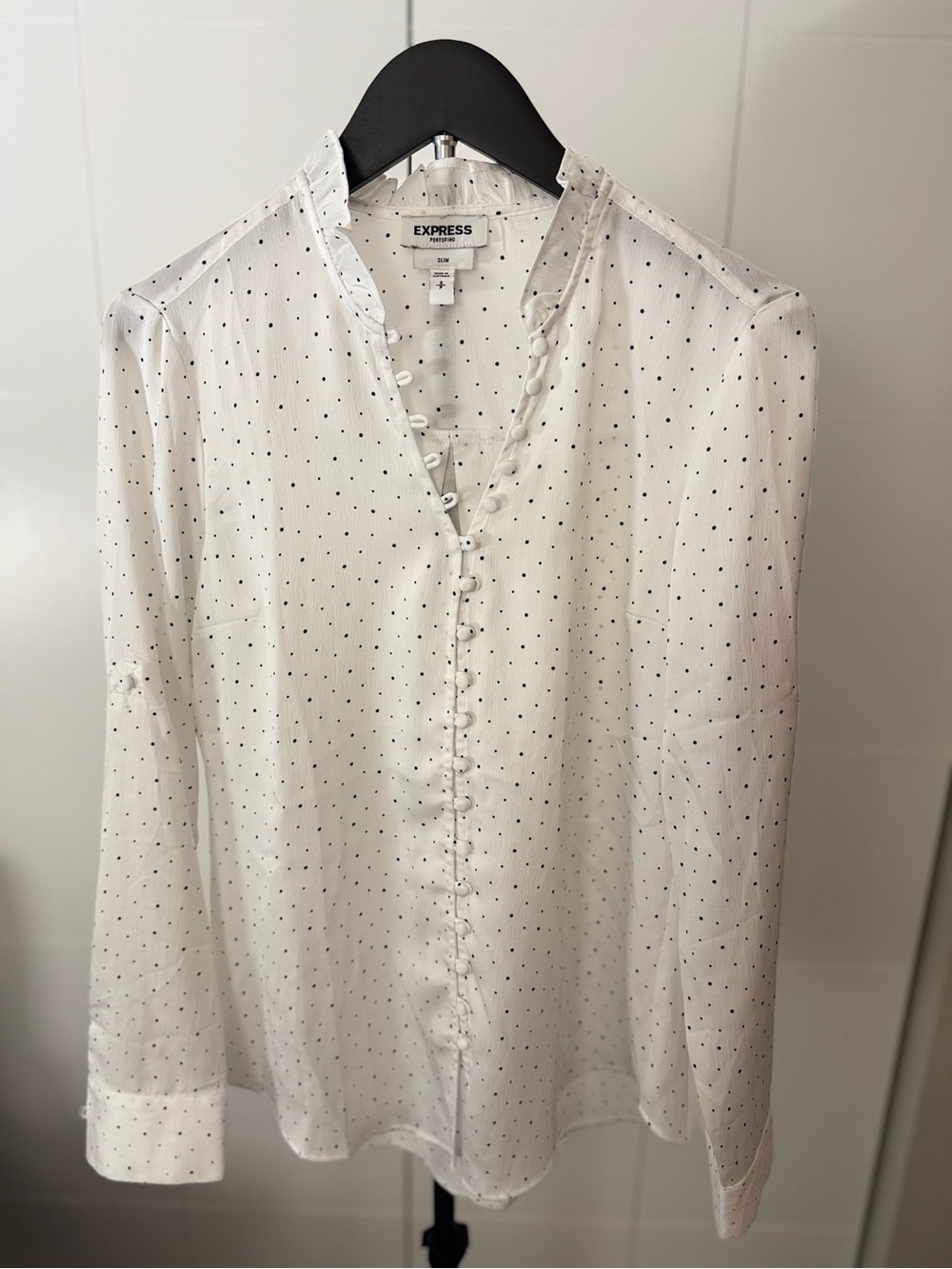 Express White Long-Sleeve Polka Dot Blouse